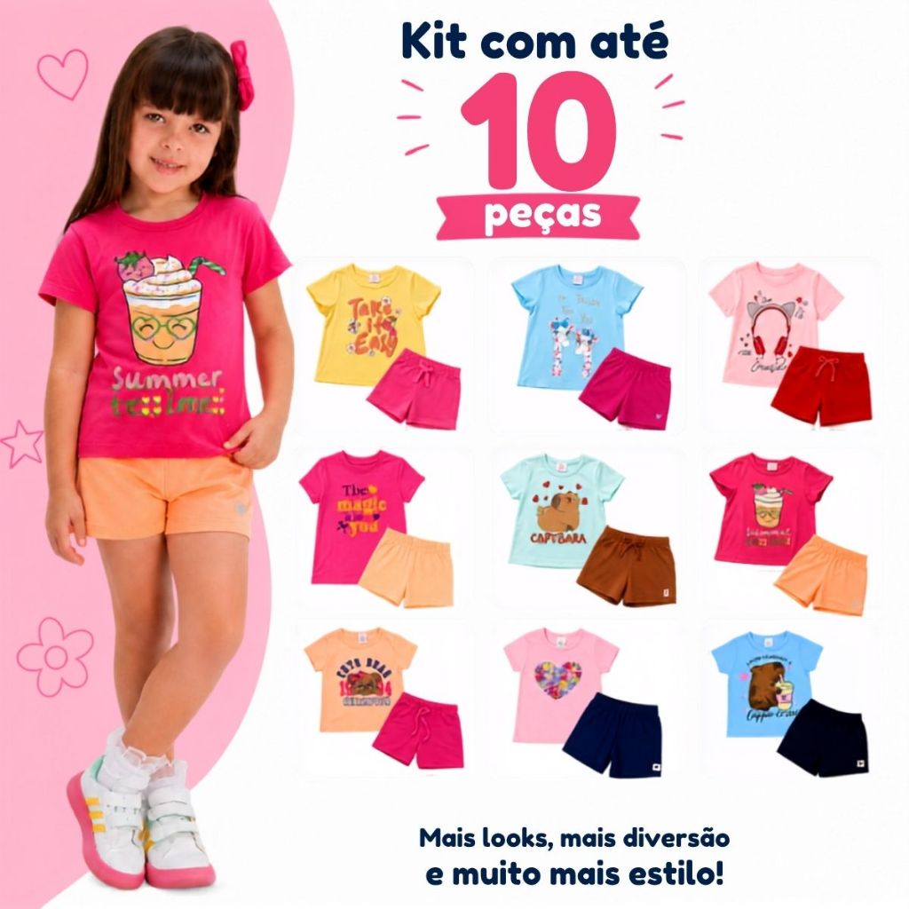 Kit Com Ate 10 Conjunto Infantil Feminino Camiseta e Bermuda Roupa Menina Confortável Estilosa 1 a 8 Anos Kit