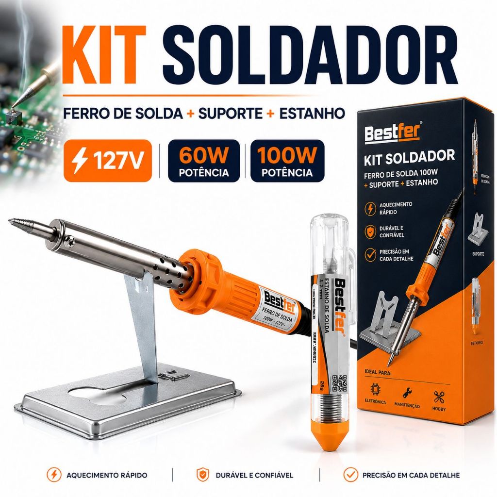 Ferro de Solda 100W Profissional C/Estanho + Suporte Bestfer 127v