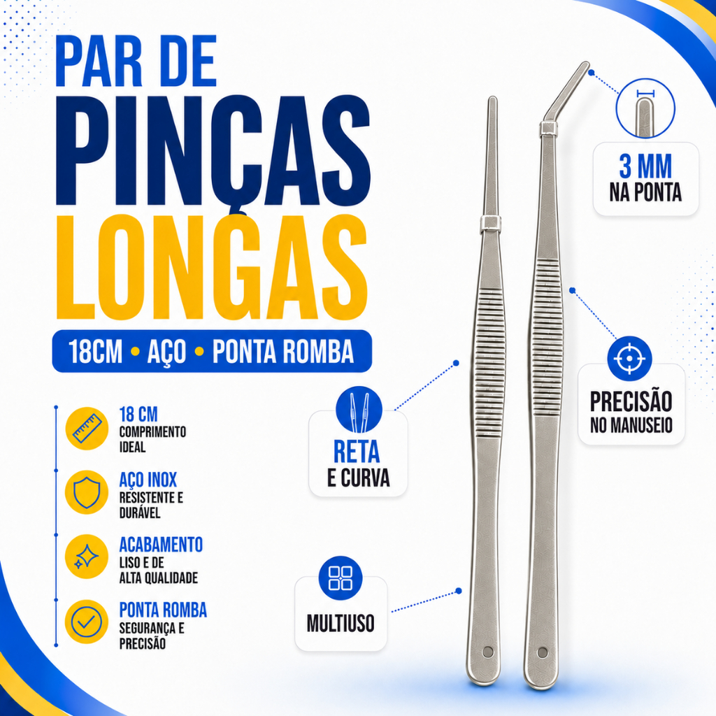 Par de Pinças De Aço 18cm Grande Longa Reta e Curva Ponta Romba Multiuso