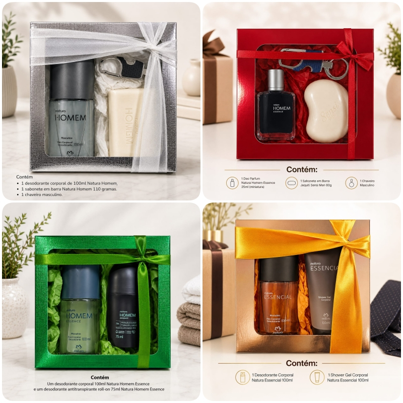 Montagem de quatro kits de presente Natura masculinos em caixas decoradas, exibindo diversas combinações de desodorantes, sabonetes e acessórios em embalagens festivas.