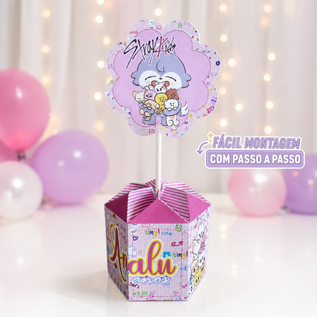 Centro de Mesa Stray Kids Rosa Pegue e Monte Personalizado | Decoração de Mesa | Lembrancinhas Festa Infantil 💜