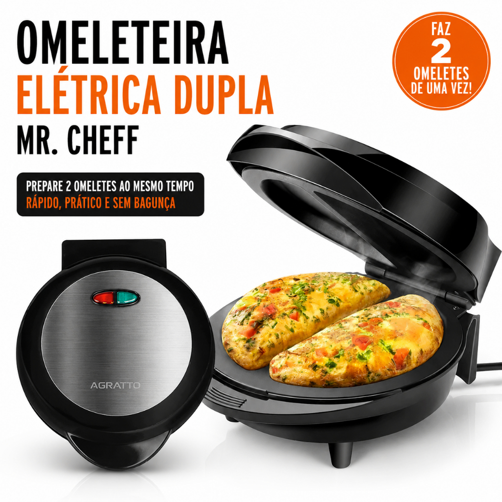 Omeleteira Elétrica Antiaderente Dupla 800W Agratto Mr Cheff Faz Omelete Panqueca Bolo Frigideira