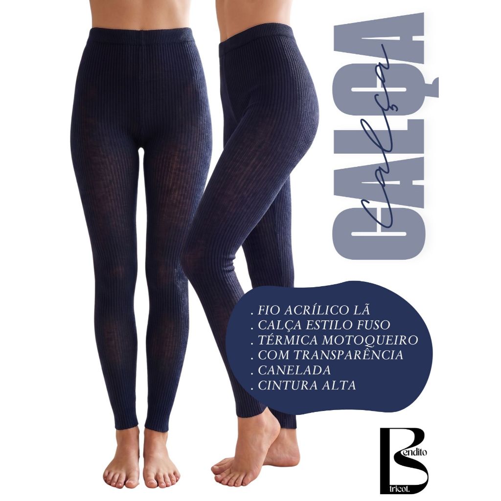 Calça Térmica Segunda Pele Unissex Tricô Lã Fuso Canelada Cintura Alta Com Transparência Inverno