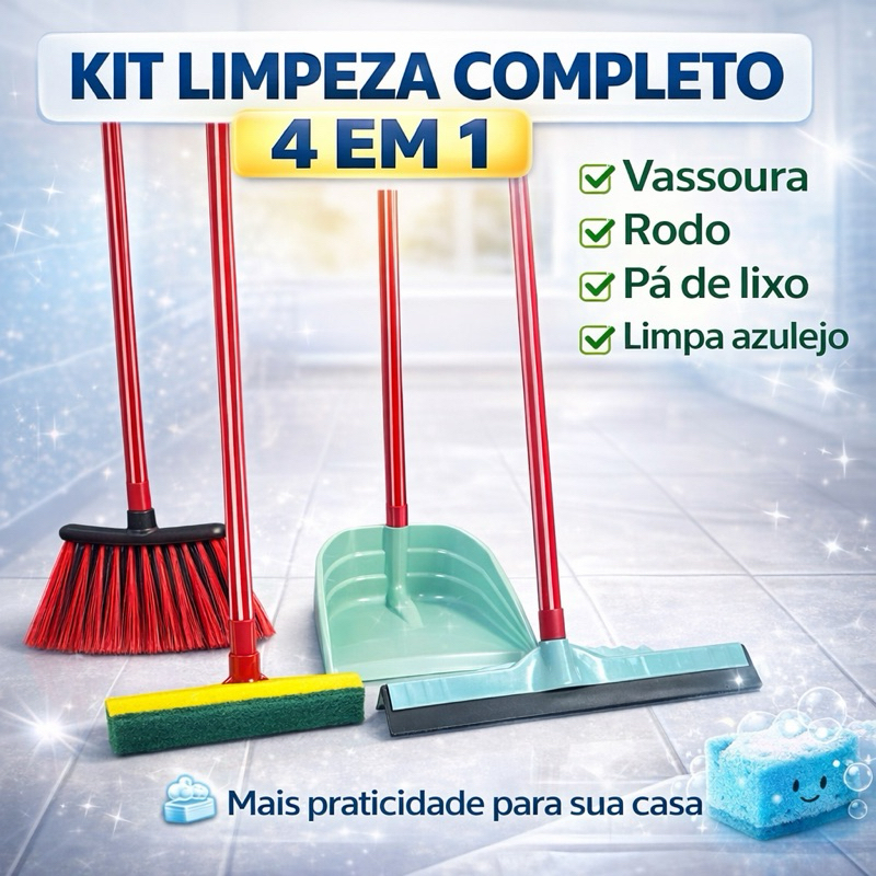 Kit 1 Vassoura, 1 Rodo Grande Duplo, 1 Lava Azulejo Esfregão Limpa Azulejo e 1 pá de lixo