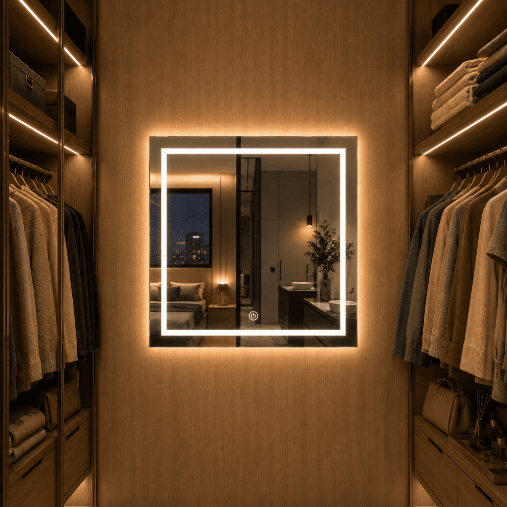 Espelho de Led com Touch 3 Cores Quadrado 50x50cm Espelho de Banheiro Lavabo Quarto Hall Maquiagem