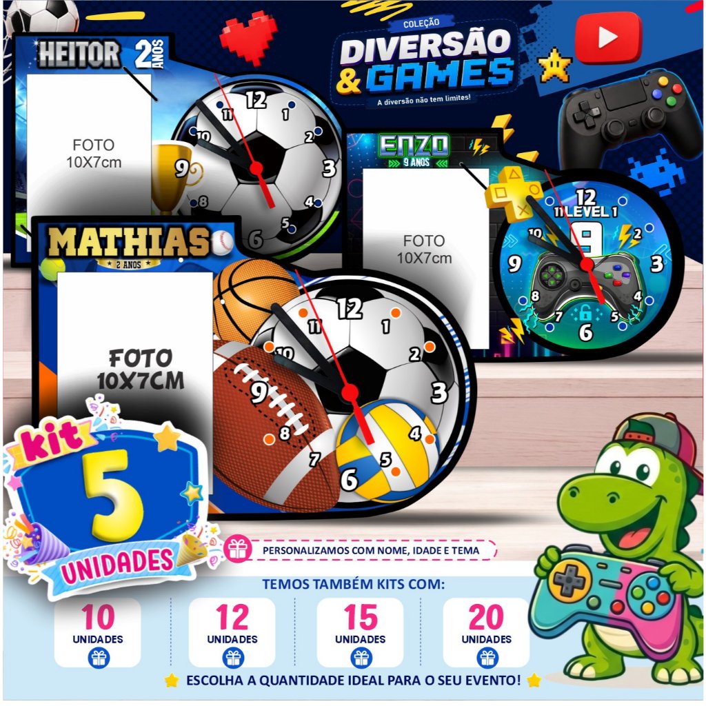 Centro de Mesa Relógio + Porta Retrato Personalizado - Futebol, Video Game, Bolas Esportivas...