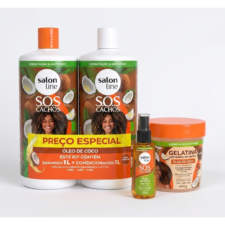 Kit Salon Line Óleo de Coco Sh e Cond 1L + Gelatina Ativadora de Cachos 400g + Óleo de Coco 42ml