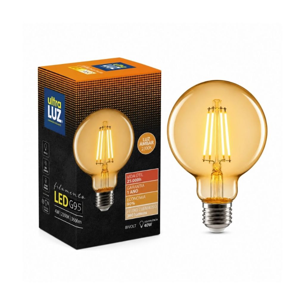 Lâmpada Filamento LED G125 Globo Âmbar 4W E27 2300K Bivolt Ultraluz Vintage Retrô