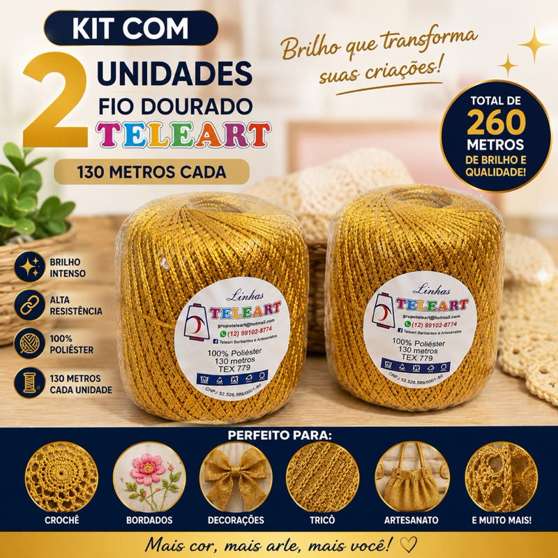 Kit 2 Unidades Linha Ouro Teleart 130m Cada | Fio Dourado Metalizado para Crochê, Bordado e Artesanato | A Mais Vendida