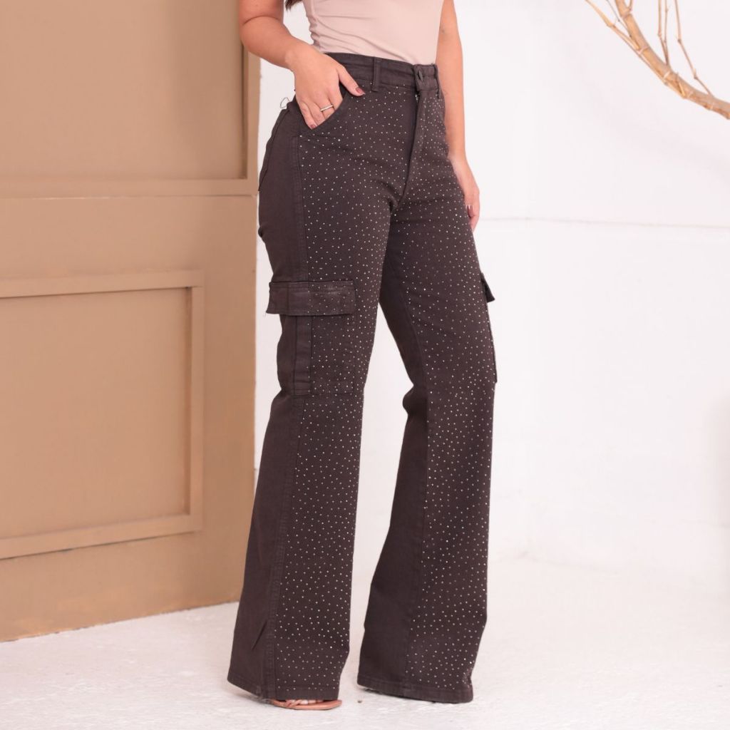 Calça Jeans Femininacargo Marrom Wide Leg BRILHO-STRASS Cintura Alta Detalhe Tendencia Linha Premium