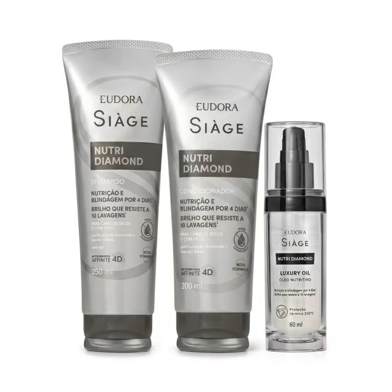 Combo Siàge Nutri Diamond: Shampoo 250ml + Condicionador 200ml + Óleo Nutritivo 60ml - EUDORA SIAGE