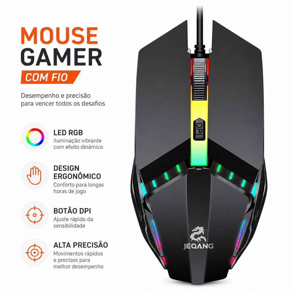 Mouse Gamer Preto LED Colorido Silencioso Cabo 1.5m para PC e Notebook