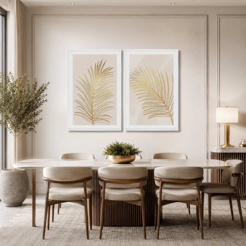 Quadro Decorativo Folhas de Ouro moldura Branca Com Vidro 50x75