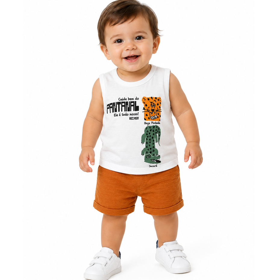 Conjunto Infantil Menino Moletinho Bermuda e Regata Branco e Laranja Tamanho 1 Masculino