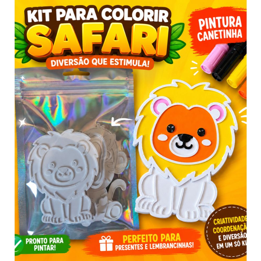Kit Para Colorir Infantil Safari Lembrancinha Aniversário Pintura Canetinha Menino Menina