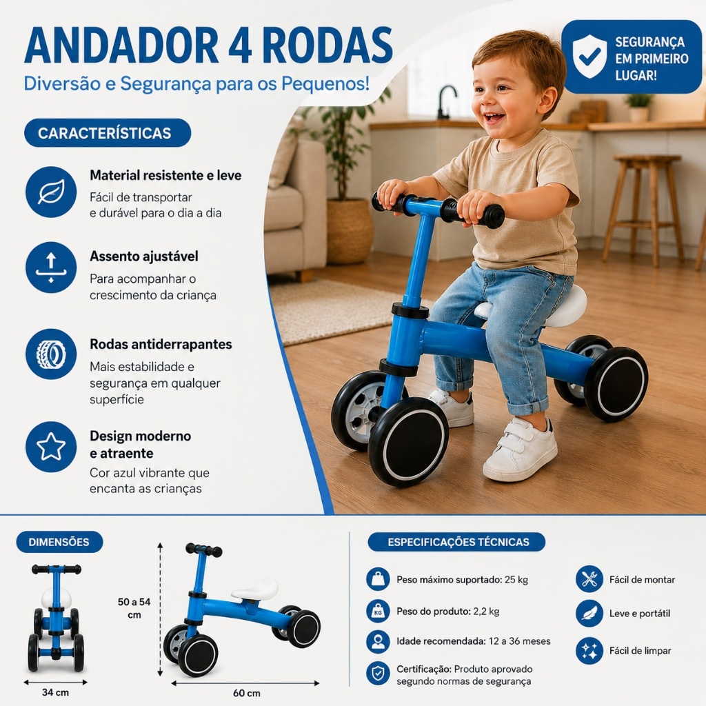 Bicicleta Infantil Equilibrio Modelo Azul Sem Pedal Desenvolvimento Equilibrio Crianças