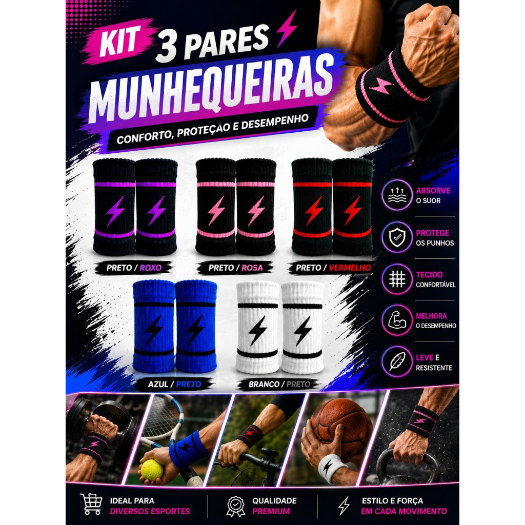 Kit com 3 Pares de Munhequeira seca suor, par - Handebol / beach tennis / Tênis / Crossfit/Beisebol