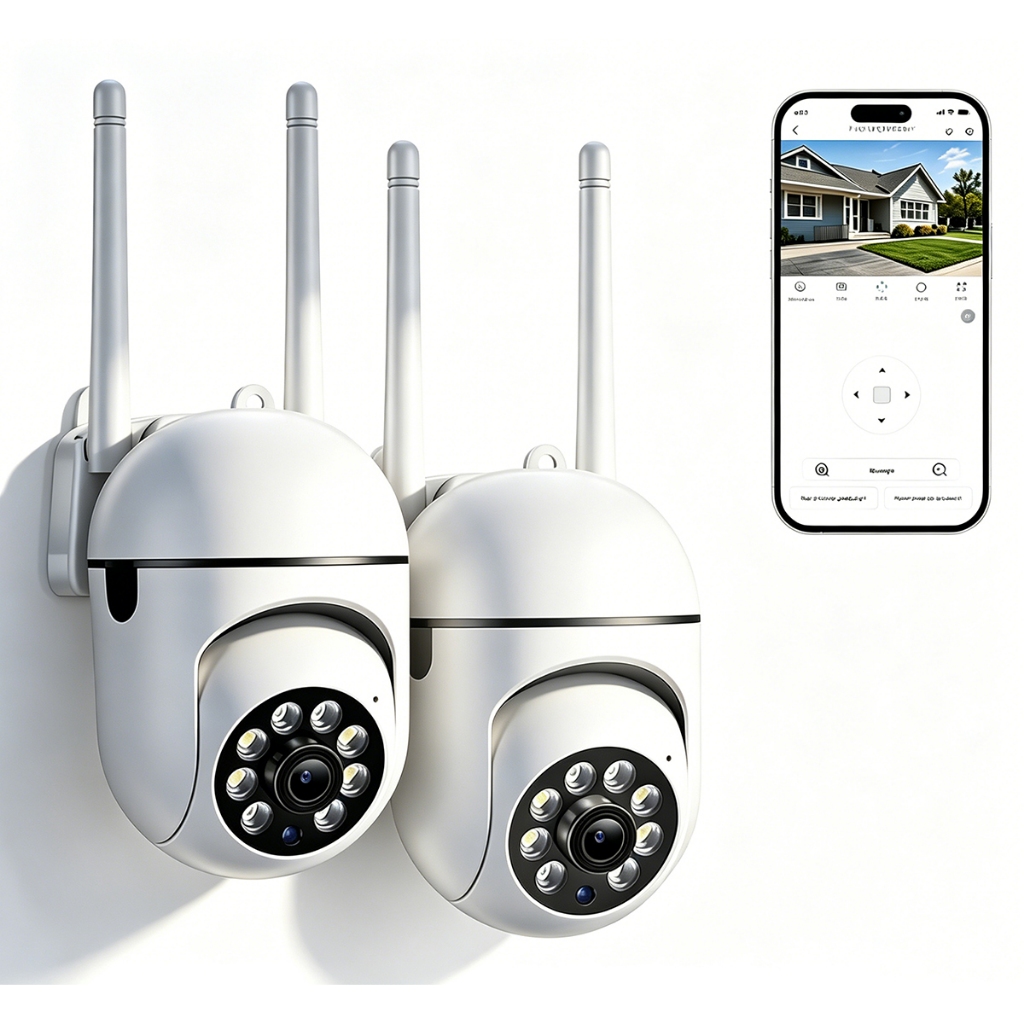 Kit 2 Câmera de segurança externa Wi-Fi Full HD 360° com visão noturna, resolução 1080P e áudio bidirecional.
