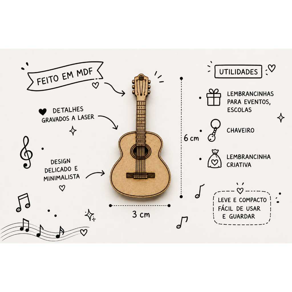 Kit  Chaveiros De Violão MDF 3mm Instrumento Musical Lembrancinha Decoração Festas