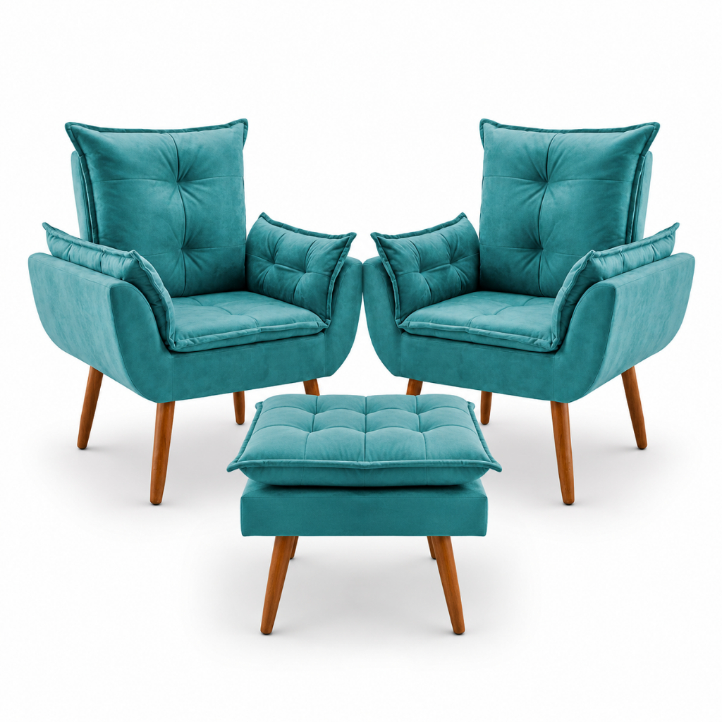 2 Poltronas Opala Com Puff Apoio Para Pés Para Decoração de Quarto e Sala Suede
