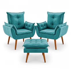 2 Poltronas Opala Com Puff Apoio Para Pés Para Decoração de Quarto e Sala Suede Várias Cores