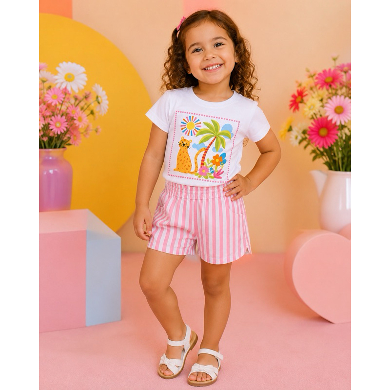 Conjunto Infantil Menina Short Listrado Blusa Estampada Roupa de criança Estilosa e Confortável