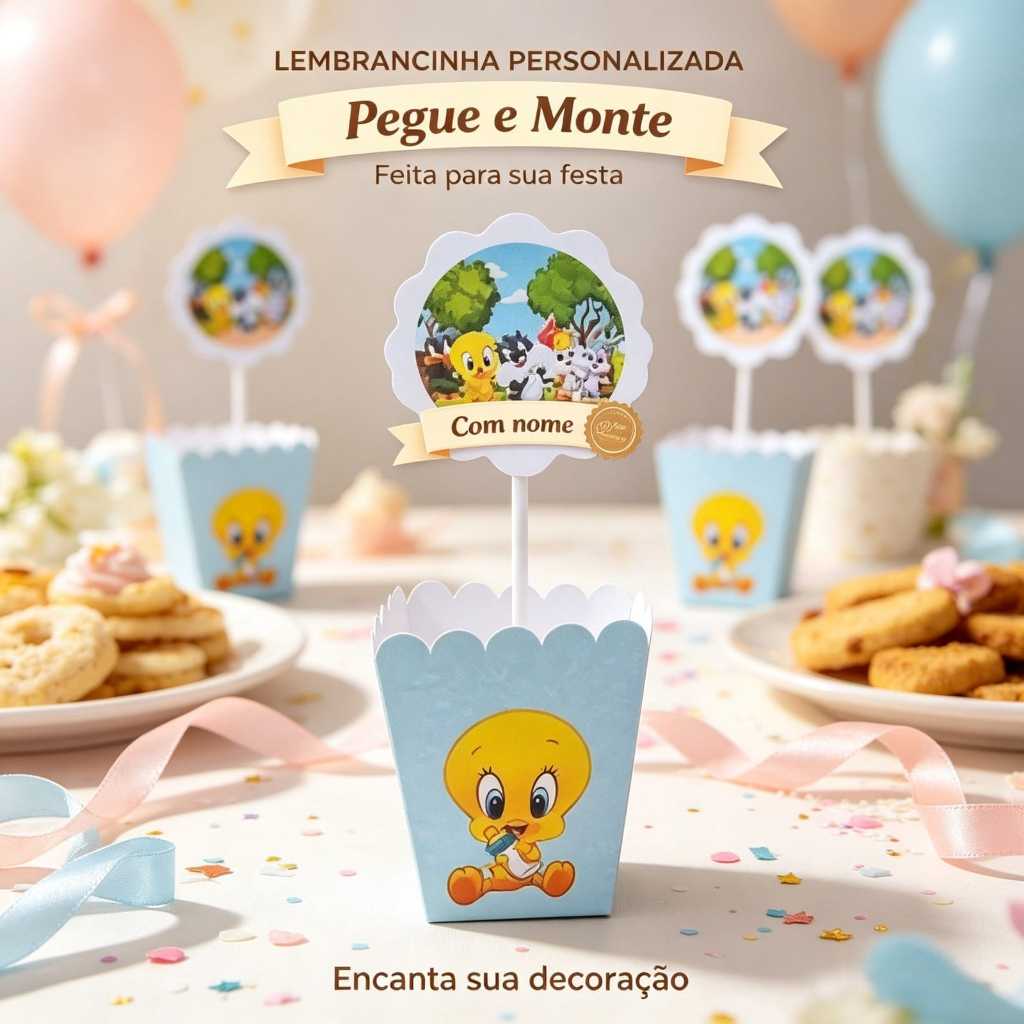 Centro de Mesa Cachepô Personalizado Baby Looney Tunes Festa Infantil, Lembrancinha Criativa