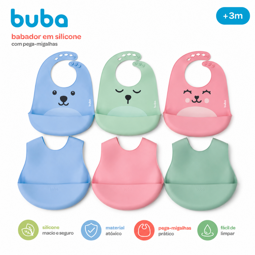 Babador de Silicone Buba para Bebês com Pega Migalhas Impermeável