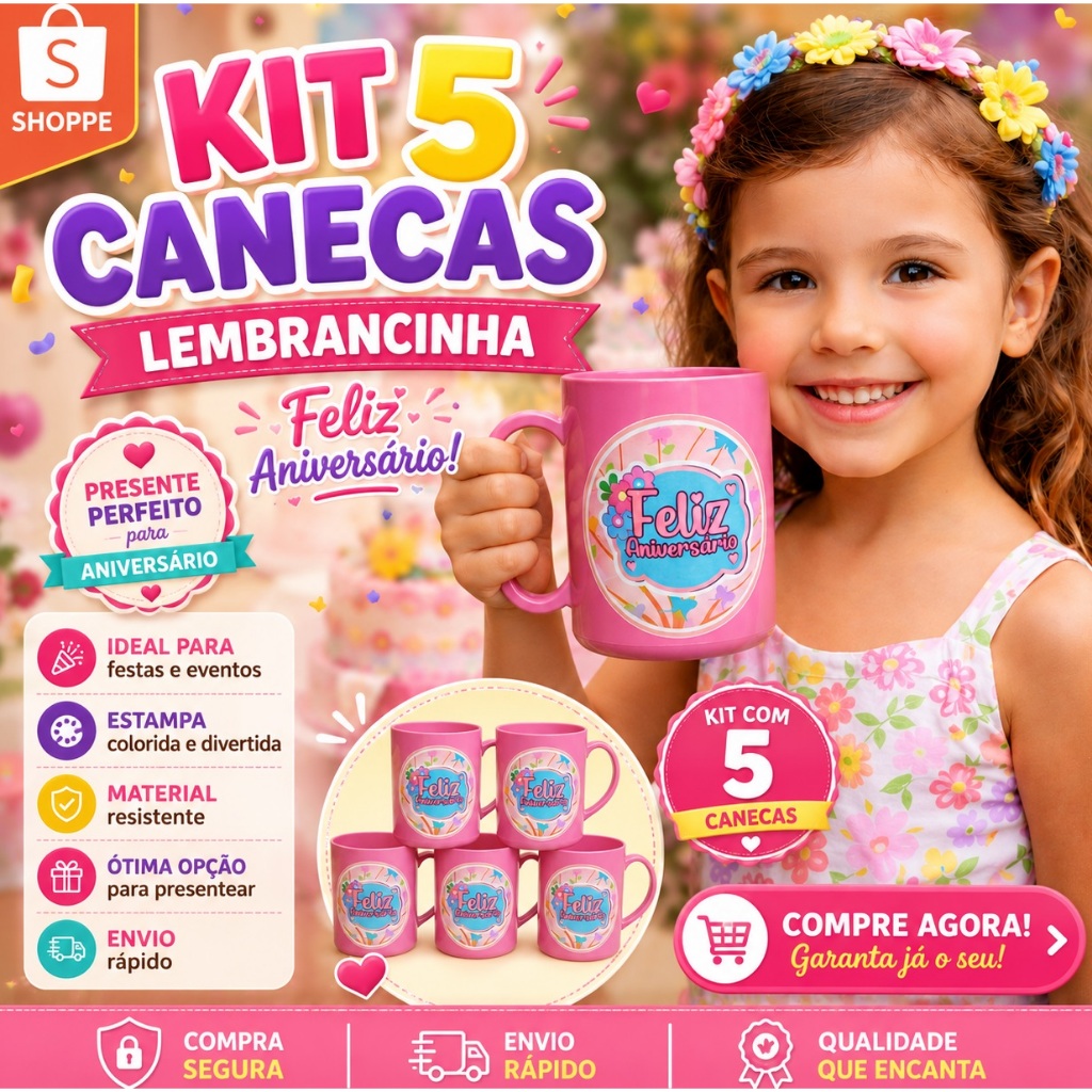 Kit lembrancinha aniversario menina 5 canecas feliz aniversario infantil rosa presente festa barato