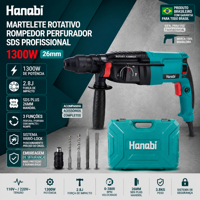 Martelete Rotativo Rompedor Perfurador 1300W SDS Profisisonal Hanabi Furadeira de Impacto 26mm