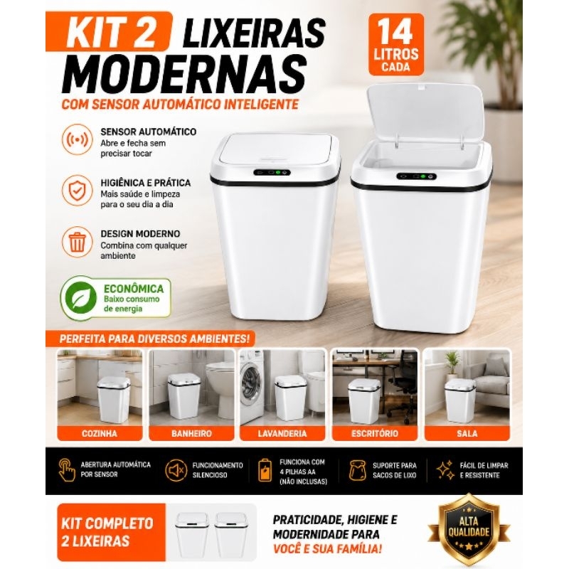 Kit  2 Lixeira com Sensor Automático Inteligente 14 Litros Banheiro Cozinha (são 2 lixeiras envida na compra)