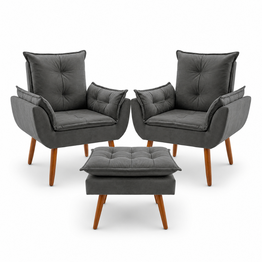 Conjunto 02 Poltronas Estofado Com Puff Apoio Luxo Tecido Suede Cinza Gray
