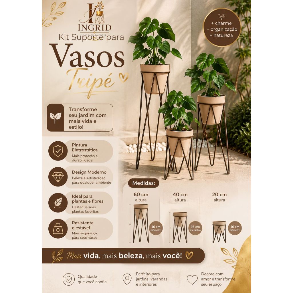 Suporte Tripé para Vasos e Plantas Jardim Kit com 3 peças 60,40 20 cm