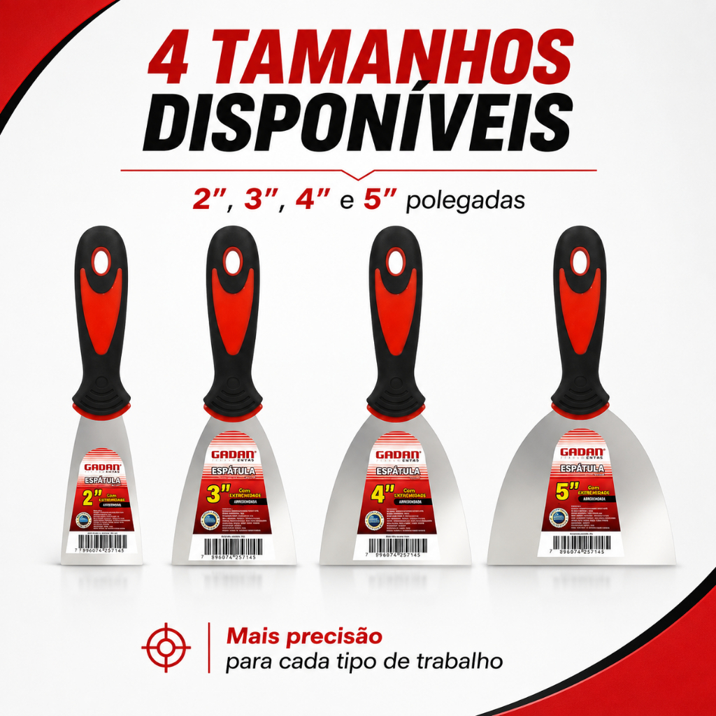 Kit Espátulas de Pedreiro Aço Inox Cabo Emborrachado 2” 3” 4” 5” (4 Peças)