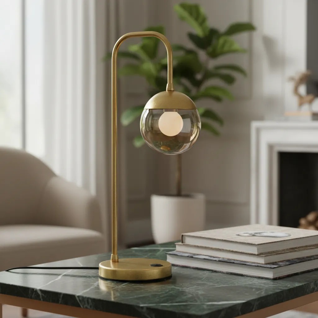 luminaria de Mesa abajur dama Curvado Dourado Interruptor alumínio com Globo Vidro 10cm sala quarto ou cabeceira cama · foto 2