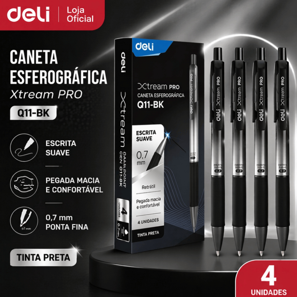 Kit 4 Caneta Esferográfica Retrátil 0.7mm Deli Pro Escrita Macia e Precisa Escritório