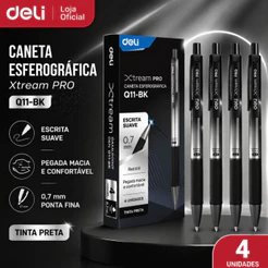 Kit 4 Caneta Esferográfica Retrátil 0.7mm Deli Pro Escrita Macia e Precisa Escritório