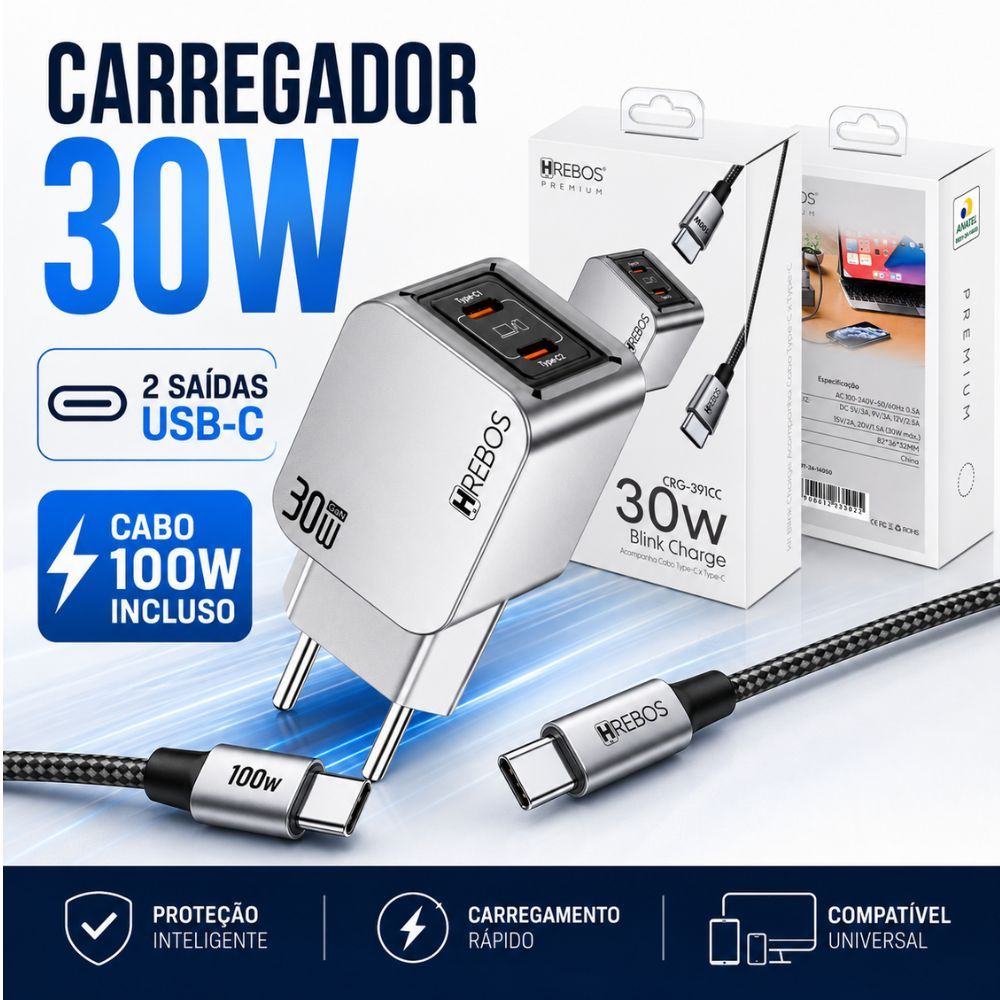 Carregador Turbo Gan 30W USB-C Duplo + Cabo Compatível iPhone 15, 16 e 17 Motoro
