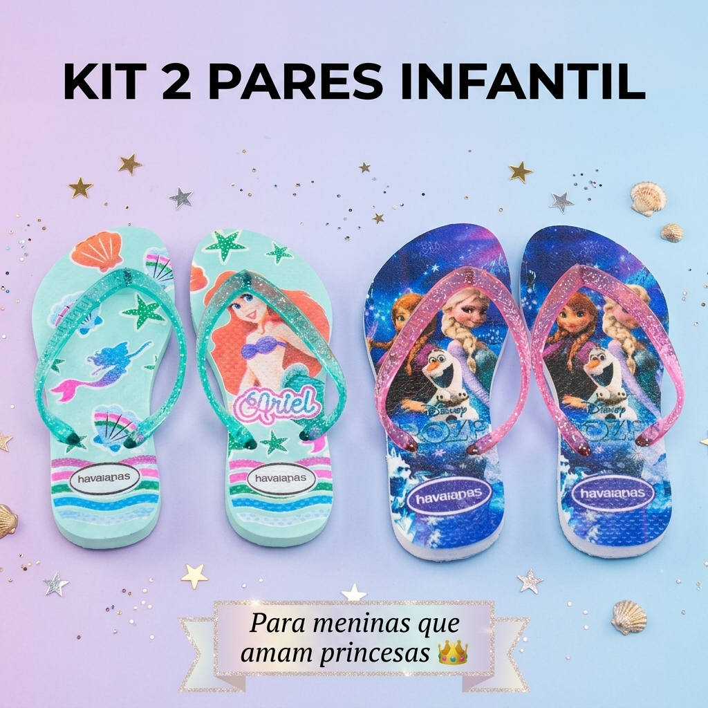 Kit 2 Chinelos Infantil Menina Princesas Personagens Coloridos Confortáveis Macios Antiderrapantes Promoção 25 ao 32