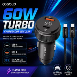 Carregador Veicular 60W Turbo USB + Tipo C com Cabo | Rápido PD QC 3.0 4.0 | Anatel Original