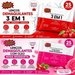 Lenço Demaquilante 3 em 1 e Rosa Mosqueta Remove Maquiagem Limpa Hidrata 25 Unidades Super Poderes
