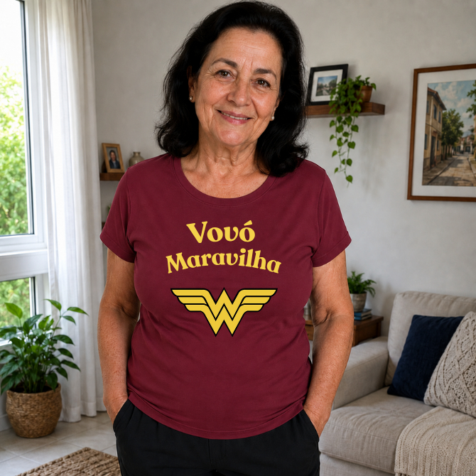 Camiseta Feminina Vovó Maravilha Dia Dos Avós Presente Ideal 100% Algodão Cor Marsala Mulher Maravilha Baby Look