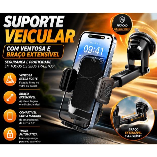 Suporte de Celular Automotivo GPS Carro Android iPhone Resistente Ajuste Rotação 360 Base Celular