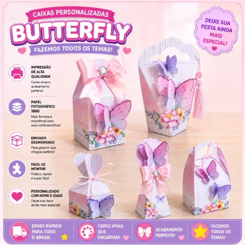 Kit Festa Personalizado| Jardim das borboletas|Pegue e Monte | Caixinhas Personalizadas | Todos os Temas | Aniversário