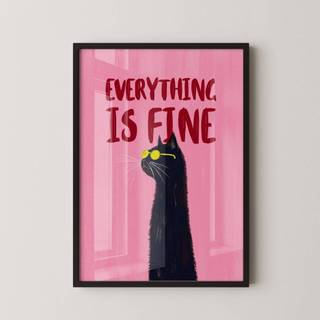 Quadro Decorativo Arte Minimalista Gato Everything is Fine Com Moldura