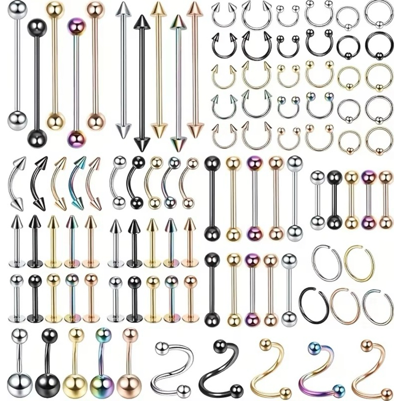 Kit com 20 Body Piercing Incluindo Anéis de Nariz 14G, 16G e 20G, Tachas de Lábio, Anéis de Língua, Brinco