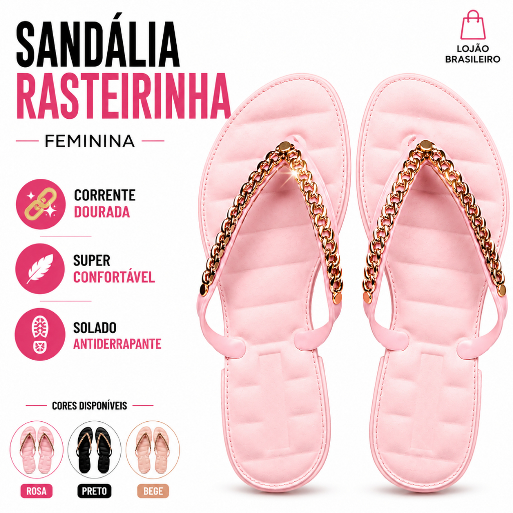 Sandália Rasteira Feminina com Corrente Dourada Confortável Antiderrapante