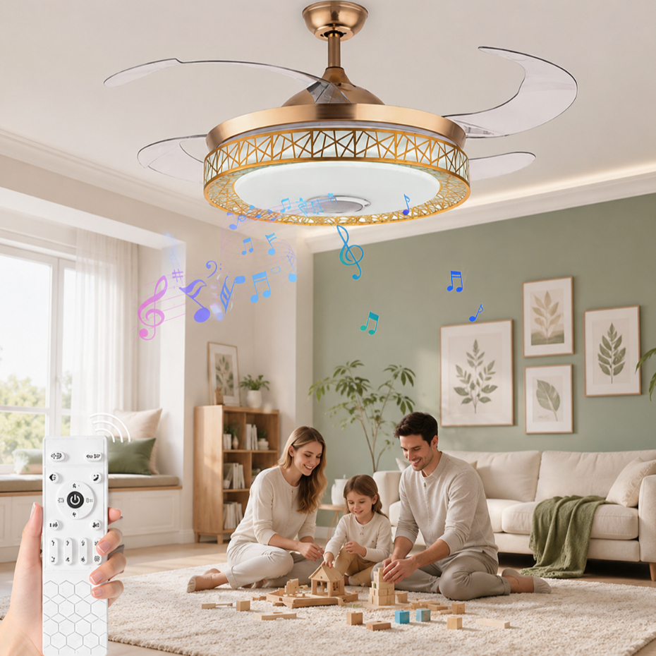Ventilador de Teto Retrátil LED 108CM 110V/220V Dourado com Som Integrado Controle Remoto