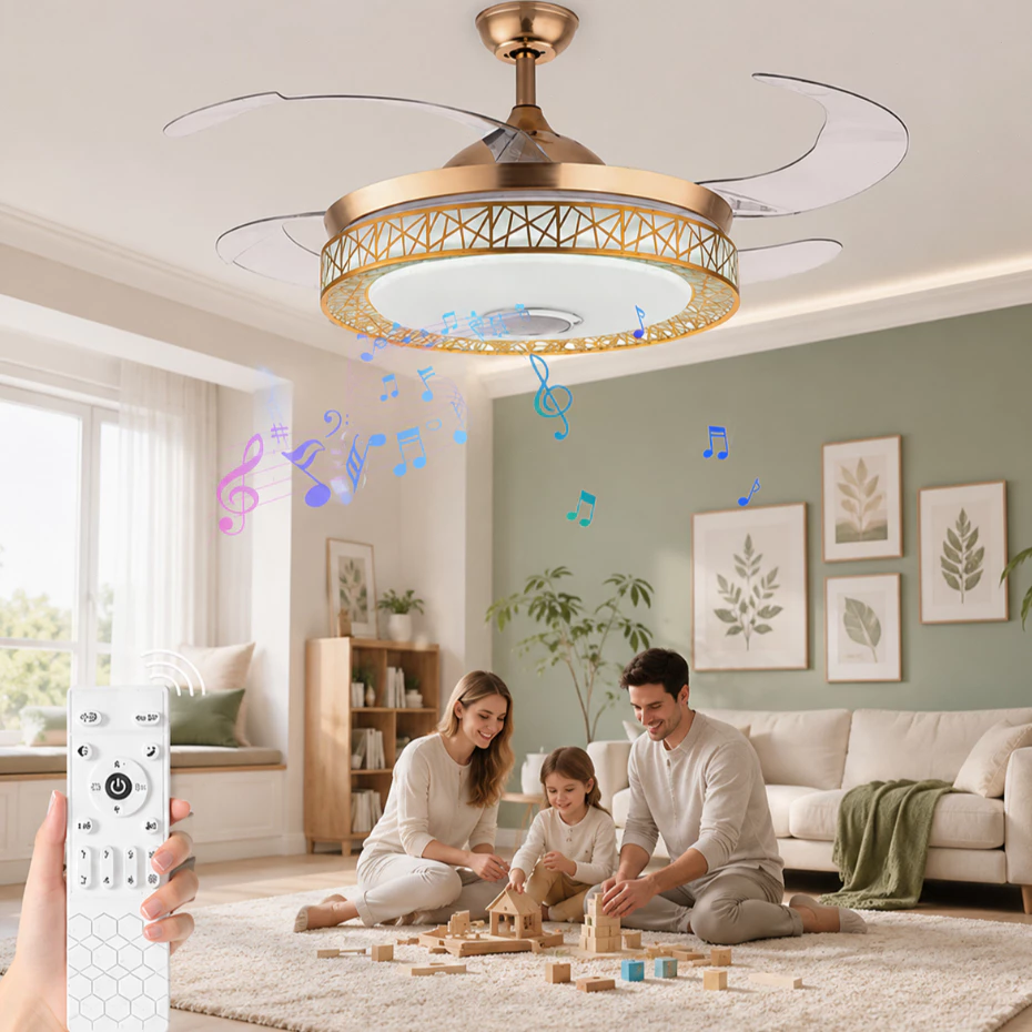 Ventilador de Teto Retrátil LED 108CM Dourado com Controle Remoto 3 Cores Função Música 110V/220V