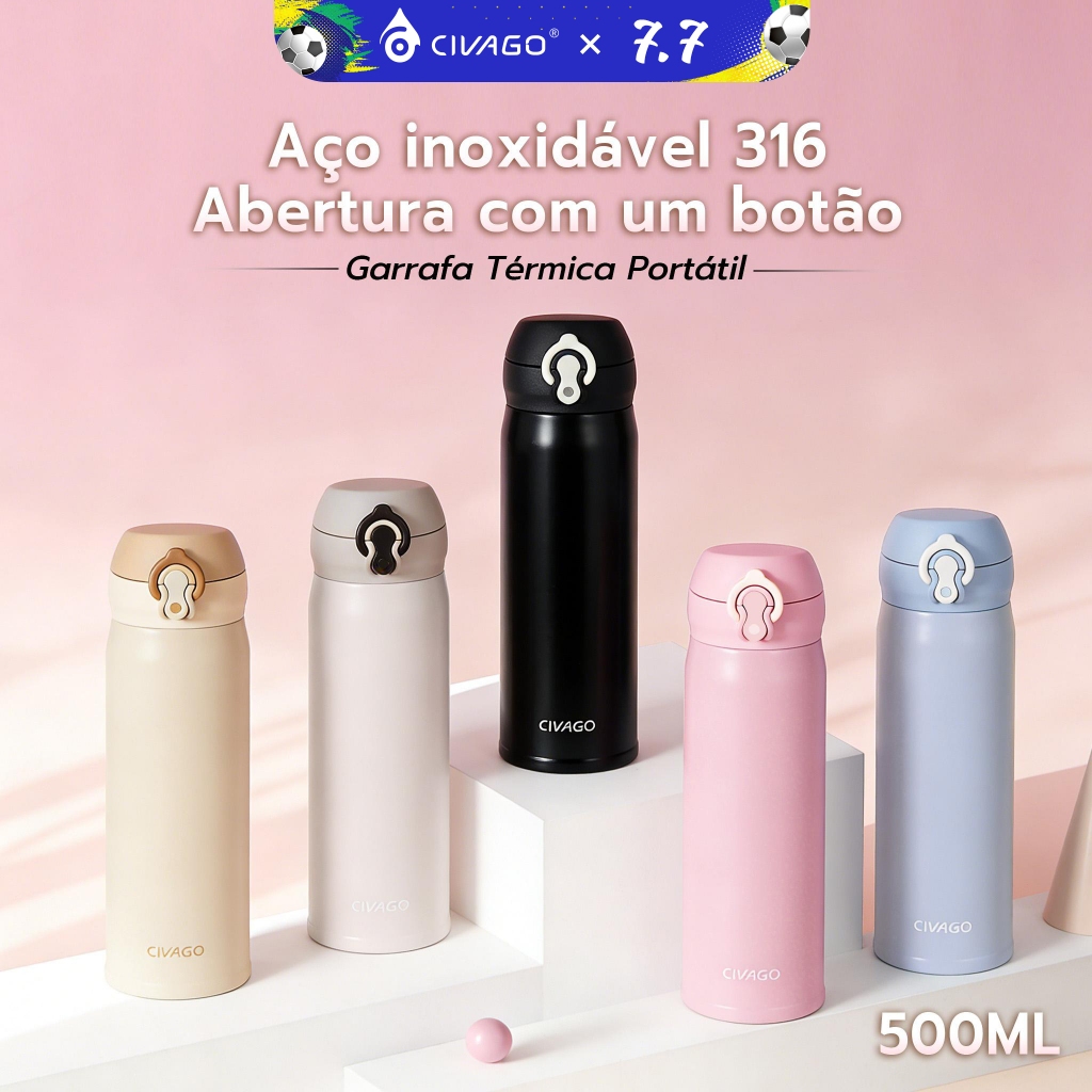 CIVAGO Garrafa Térmica 500ml Aço Inoxidável 316 Portátil Antivazamento Tampa Abertura Toque Quente/Frio Livre de BPA